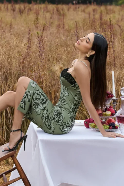 Soprano | Olive Floral Print Satin Sweetheart Lace Trim Midi Dress
