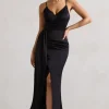 Soraya | Black Satin V-Neck Split Maxi Dress With Drape