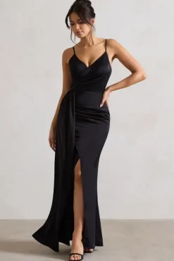 Soraya | Black Satin V-Neck Split Maxi Dress With Drape