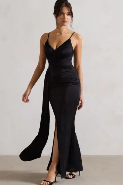 Soraya | Black Satin V-Neck Split Maxi Dress With Drape