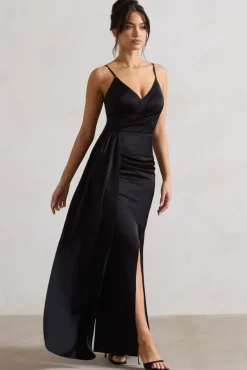 Soraya | Black Satin V-Neck Split Maxi Dress With Drape