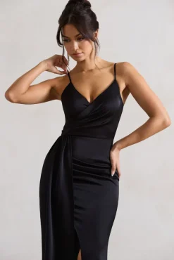 Soraya | Black Satin V-Neck Split Maxi Dress With Drape