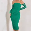 Sorella | Green Ruched Mesh Bardot Midi Dress