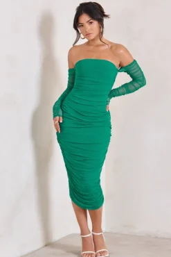 Sorella | Green Ruched Mesh Bardot Midi Dress