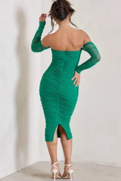 Sorella | Green Ruched Mesh Bardot Midi Dress