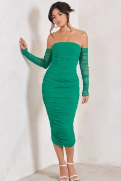 Sorella | Green Ruched Mesh Bardot Midi Dress