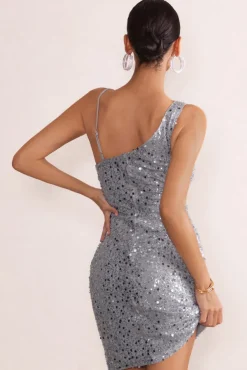 Sparkly Night | Grey Sequin Cowl Neck Mini Dress