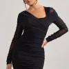 Sparks Fly | Black Ruched Mesh Long-Sleeved Bodycon Mini Dress