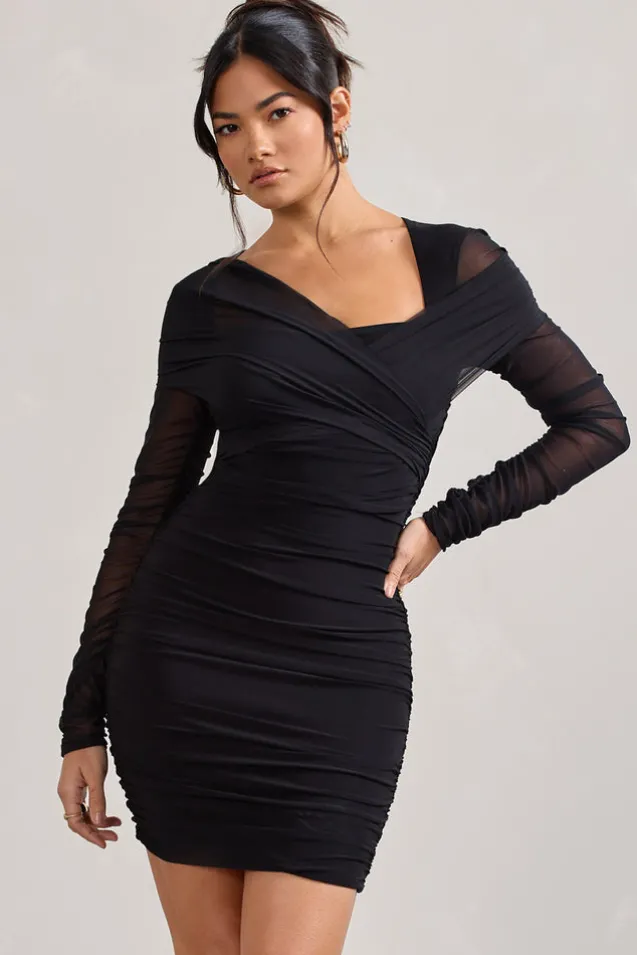 Sparks Fly | Black Ruched Mesh Long-Sleeved Bodycon Mini Dress