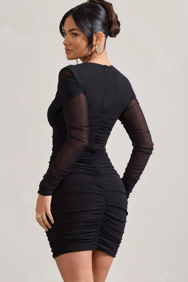 Sparks Fly | Black Ruched Mesh Long-Sleeved Bodycon Mini Dress