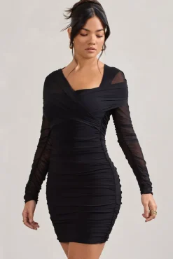 Sparks Fly | Black Ruched Mesh Long-Sleeved Bodycon Mini Dress