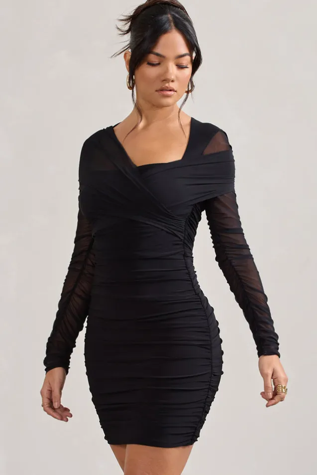 Sparks Fly | Black Ruched Mesh Long-Sleeved Bodycon Mini Dress