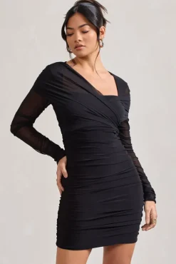 Sparks Fly | Black Ruched Mesh Long-Sleeved Bodycon Mini Dress