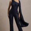 Star Seeker | Navy Sequin One-Shoulder Cape Sleeve Jumpsuit