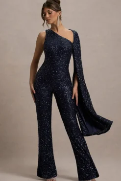 Star Seeker | Navy Sequin One-Shoulder Cape Sleeve Jumpsuit