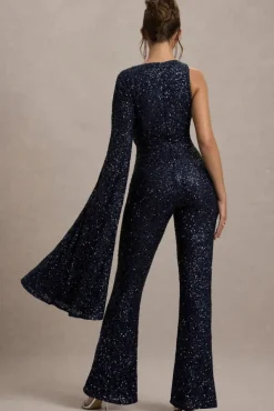 Star Seeker | Navy Sequin One-Shoulder Cape Sleeve Jumpsuit