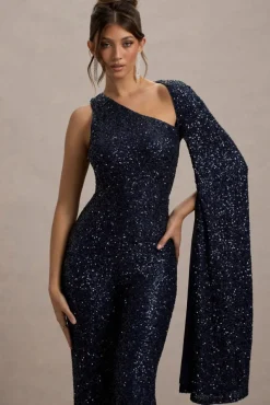 Star Seeker | Navy Sequin One-Shoulder Cape Sleeve Jumpsuit