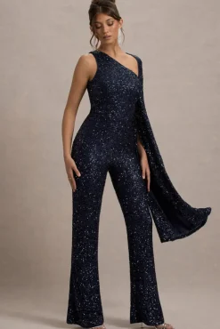 Star Seeker | Navy Sequin One-Shoulder Cape Sleeve Jumpsuit