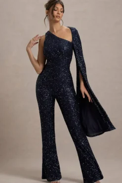 Star Seeker | Navy Sequin One-Shoulder Cape Sleeve Jumpsuit
