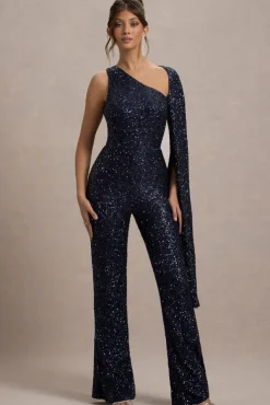 Star Seeker | Navy Sequin One-Shoulder Cape Sleeve Jumpsuit