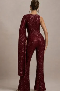 Star Seeker | Port Sequin One-Shoulder Cape Sleeve Jumpsuit