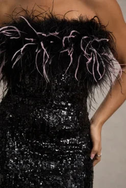 Starlit | Black Sequin Bardot Mini Dress With Feather Trim