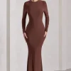 Starring | Chocolate Brown Long-Sleeve Backless Fishtail Maxi Dress