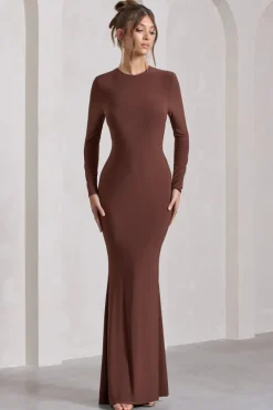 Starring | Chocolate Brown Long-Sleeve Backless Fishtail Maxi Dress