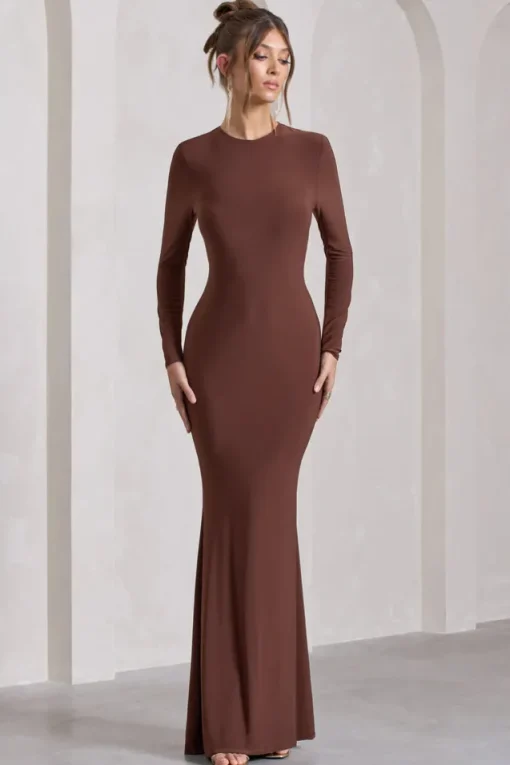 Starring | Chocolate Brown Long-Sleeve Backless Fishtail Maxi Dress