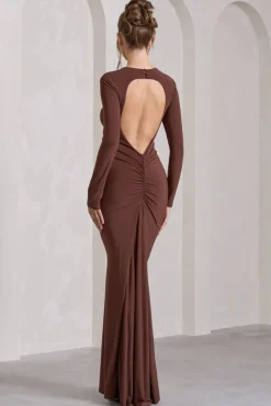 Starring | Chocolate Brown Long-Sleeve Backless Fishtail Maxi Dress