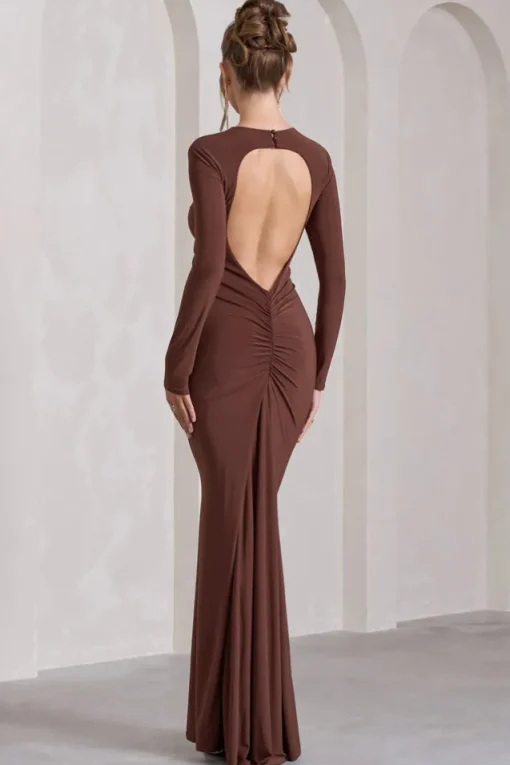 Starring | Chocolate Brown Long-Sleeve Backless Fishtail Maxi Dress