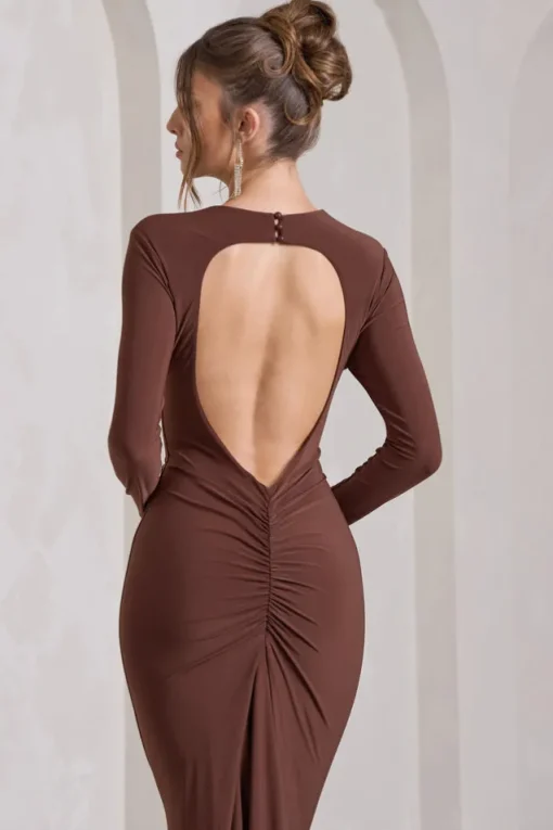 Starring | Chocolate Brown Long-Sleeve Backless Fishtail Maxi Dress