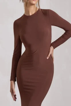 Starring | Chocolate Brown Long-Sleeve Backless Fishtail Maxi Dress