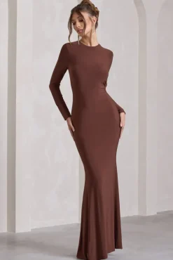 Starring | Chocolate Brown Long-Sleeve Backless Fishtail Maxi Dress