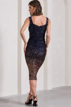Starry Night | Navy Gold Ombre Sequin Square-Neck Midi Dress