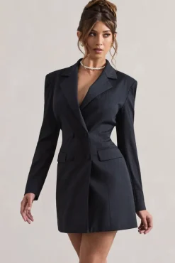 State Of Mind | Navy Pinstripe Tailored Blazer Mini Dress