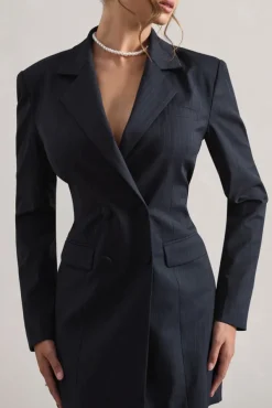State Of Mind | Navy Pinstripe Tailored Blazer Mini Dress