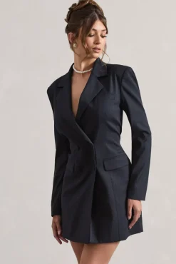 State Of Mind | Navy Pinstripe Tailored Blazer Mini Dress
