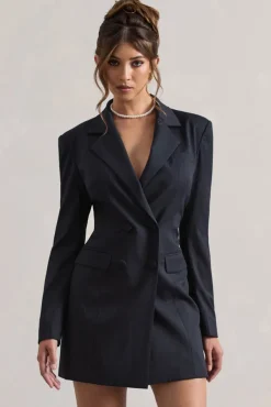 State Of Mind | Navy Pinstripe Tailored Blazer Mini Dress