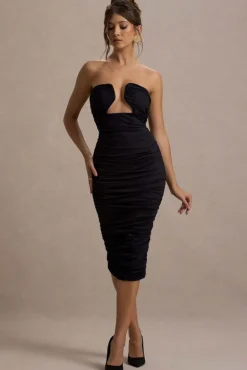Stately | Black Cut-Out Ruched Bodycon Midi Dress