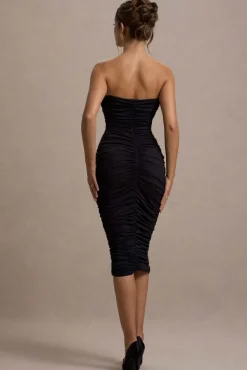Stately | Black Cut-Out Ruched Bodycon Midi Dress
