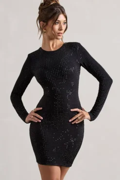 Stefani | Black Embellished Cowl-Back Long Sleeve Mini Dress