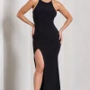 Stellar | Black Halter-Neck Twisted Split Maxi Dress