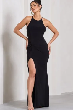 Stellar | Black Halter-Neck Twisted Split Maxi Dress