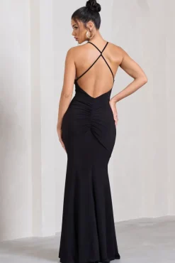 Stellar | Black Halter-Neck Twisted Split Maxi Dress