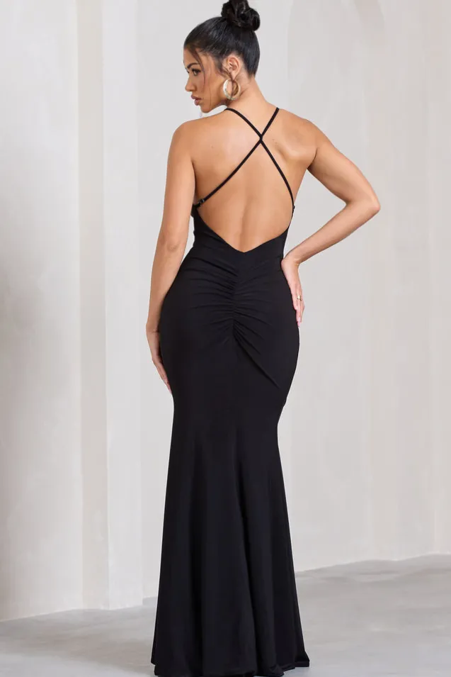 Stellar | Black Halter-Neck Twisted Split Maxi Dress