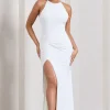 Stellar | White Halter-Neck Twisted Split Maxi Dress