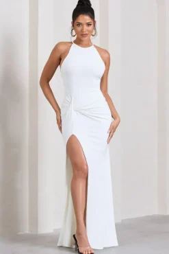 Stellar | White Halter-Neck Twisted Split Maxi Dress