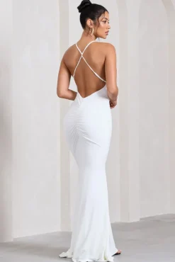 Stellar | White Halter-Neck Twisted Split Maxi Dress