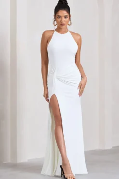 Stellar | White Halter-Neck Twisted Split Maxi Dress